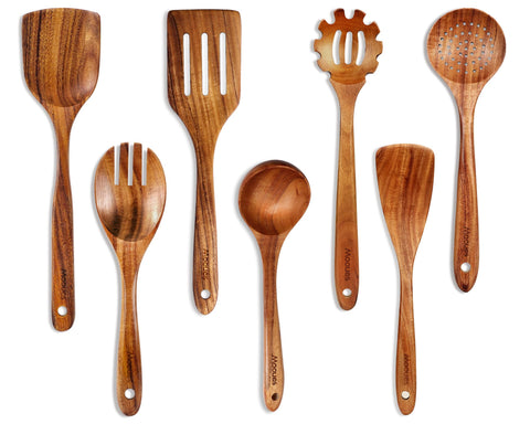 Mooues cucharas de madera teca de 7 piezas para mezclar sin rayar sartenes.