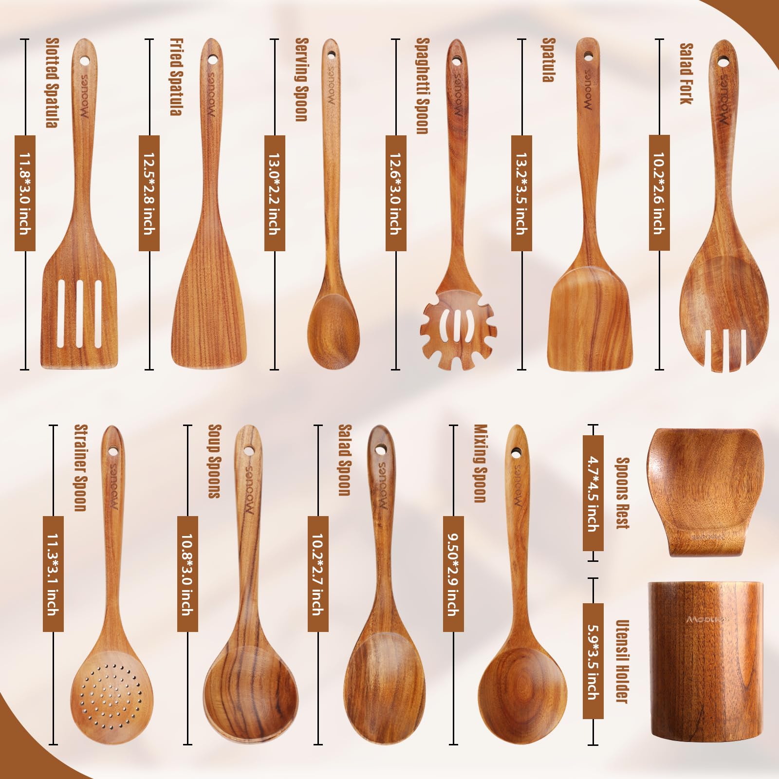 Mooues cucharas de madera teca natural, duraderas y suaves para cocinar sin rayar.