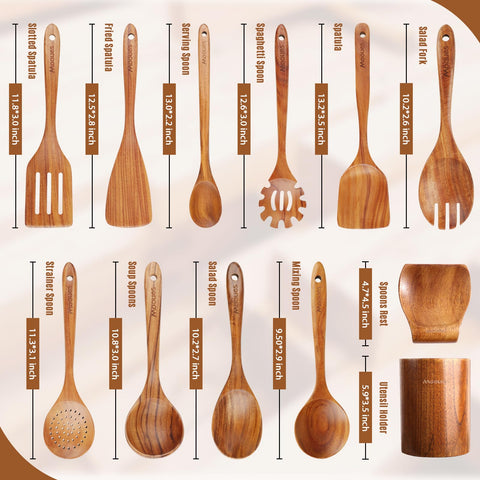 Mooues cucharas de madera teca natural, duraderas y suaves para cocinar sin rayar.