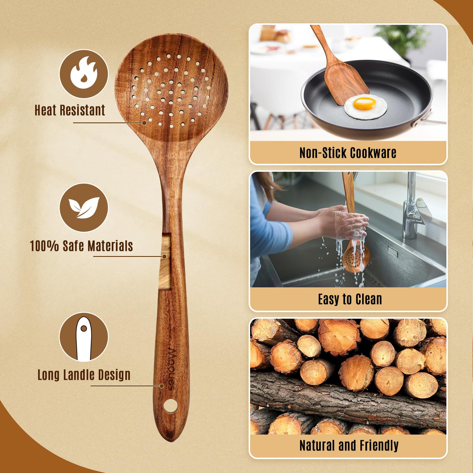 Mooues cucharas de teca natural, detalle cercano, tacto suave para cocinar