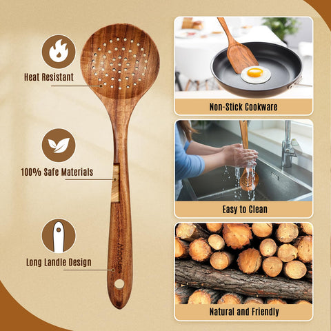 Mooues cucharas de teca natural, detalle cercano, tacto suave para cocinar
