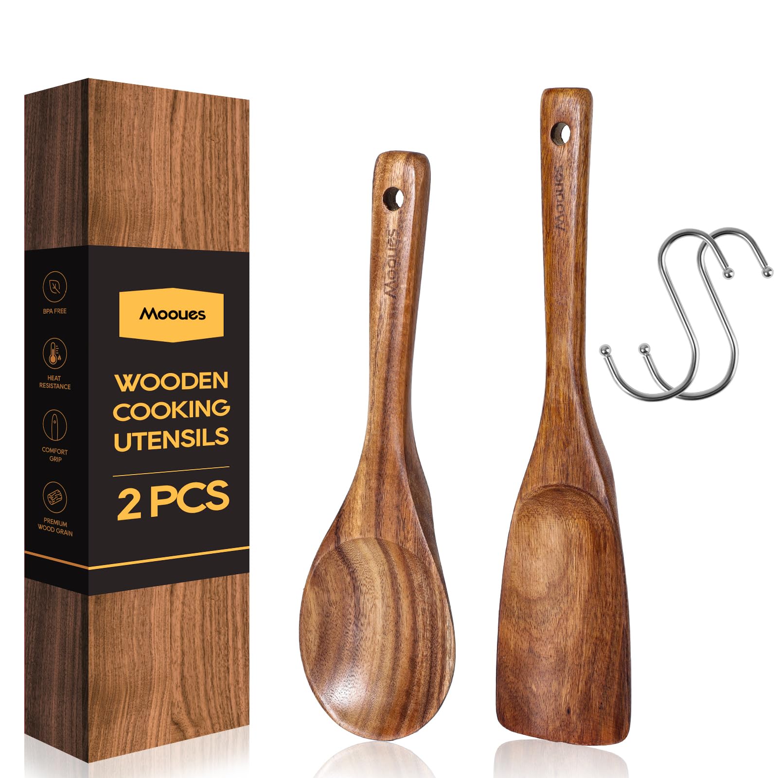 Espátula Mooues de madera teca para cocinar suave y sin rayar sartenes antiadherentes.