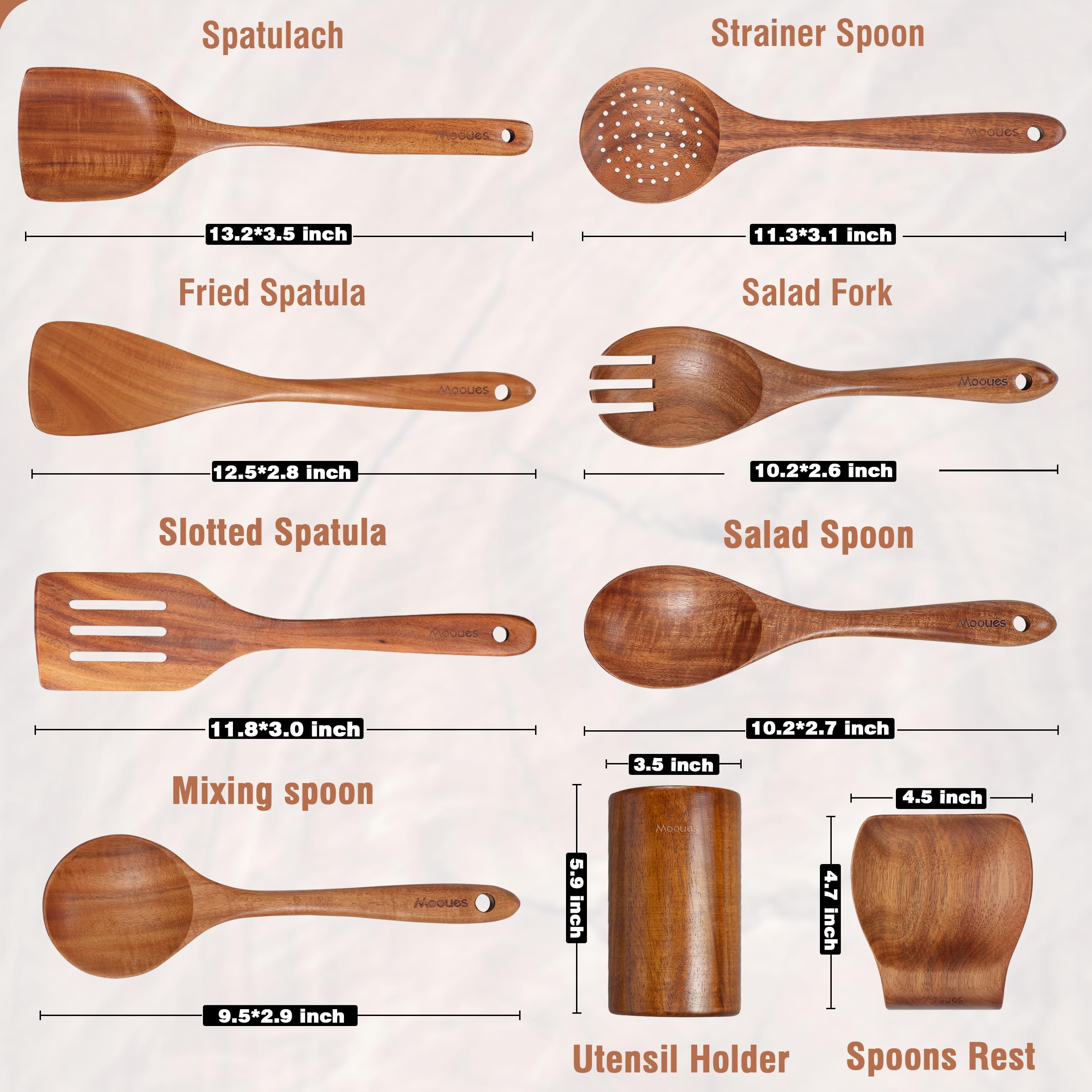 Mooues espátula plana de teca natural, suave al tacto y resistente.