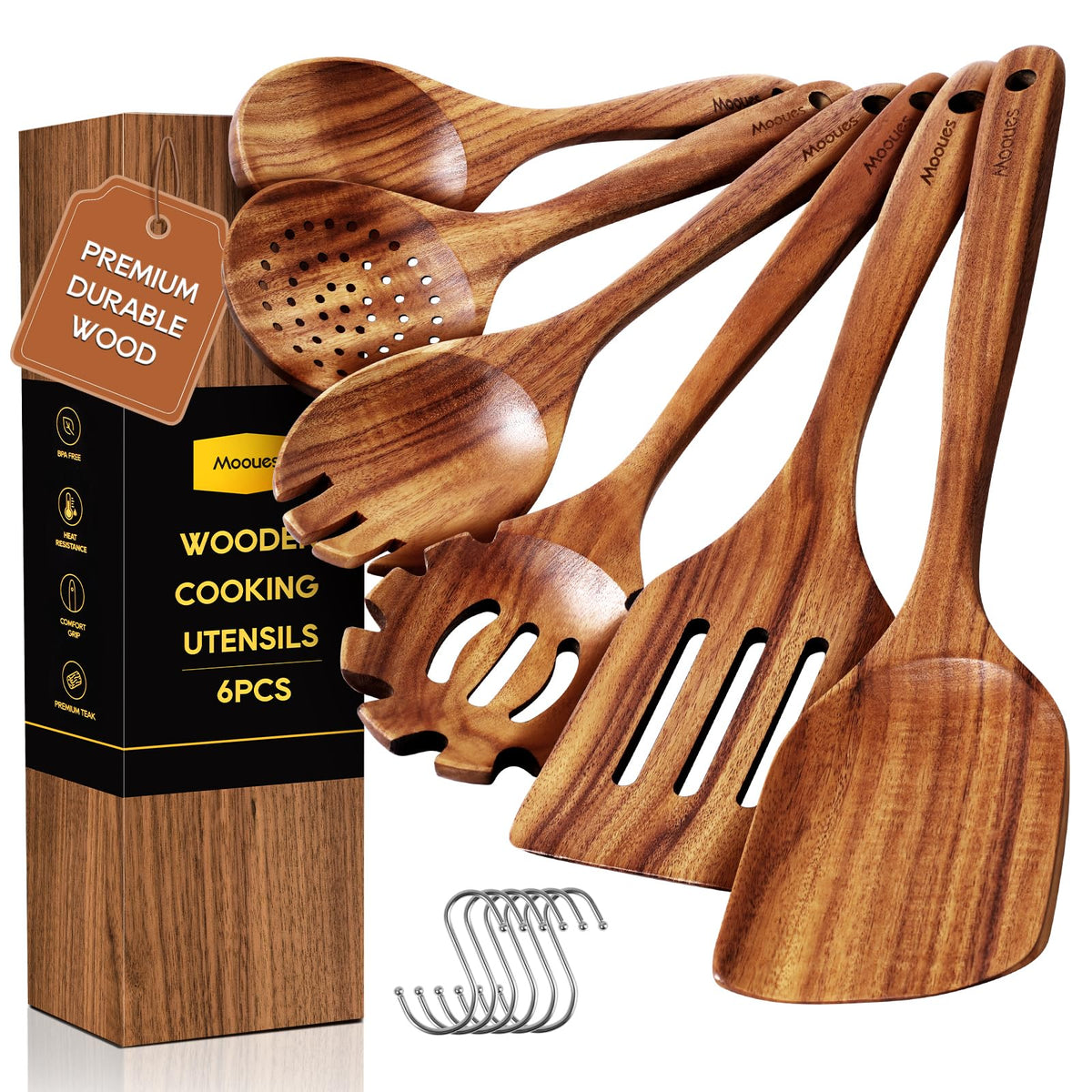 Juego Mooues de cucharas de madera de teca de 6 piezas, ideal para cocinar con seguridad.