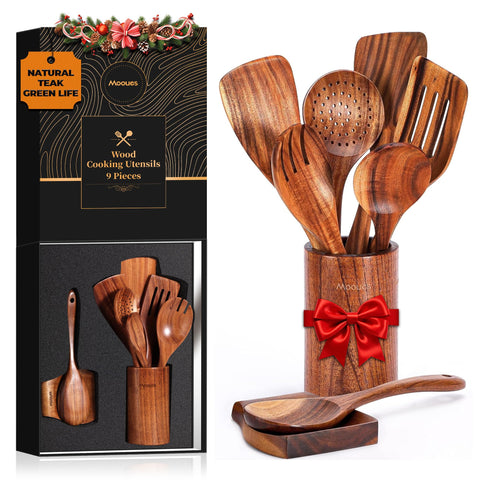 Mooues juego de utensilios de teca para cocinar con agarre cómodo