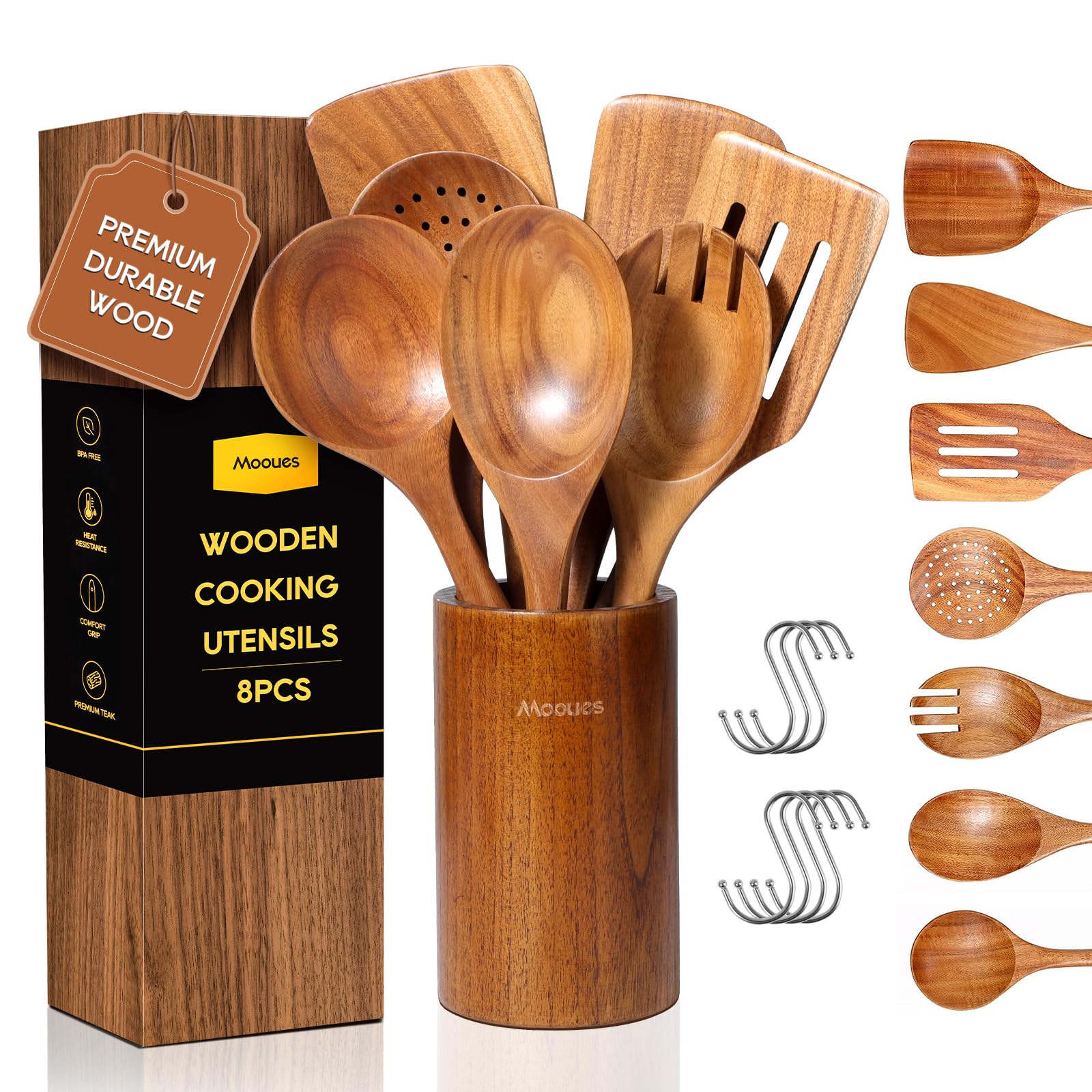 Mooues: juego de utensilios de teca con ganchos para cocina