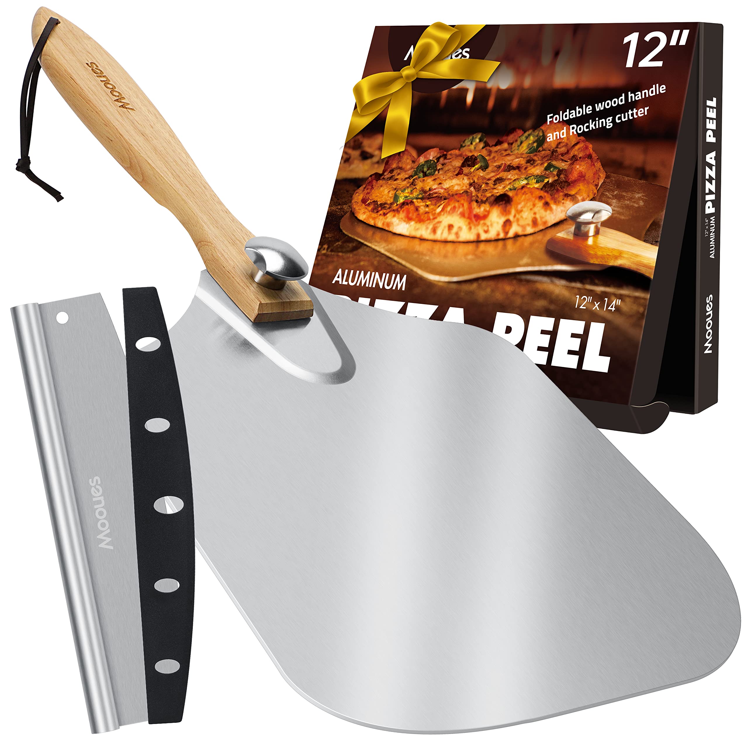 Pala para pizza Mooues aluminio 12x14 cerrada, almacenamiento compacto.