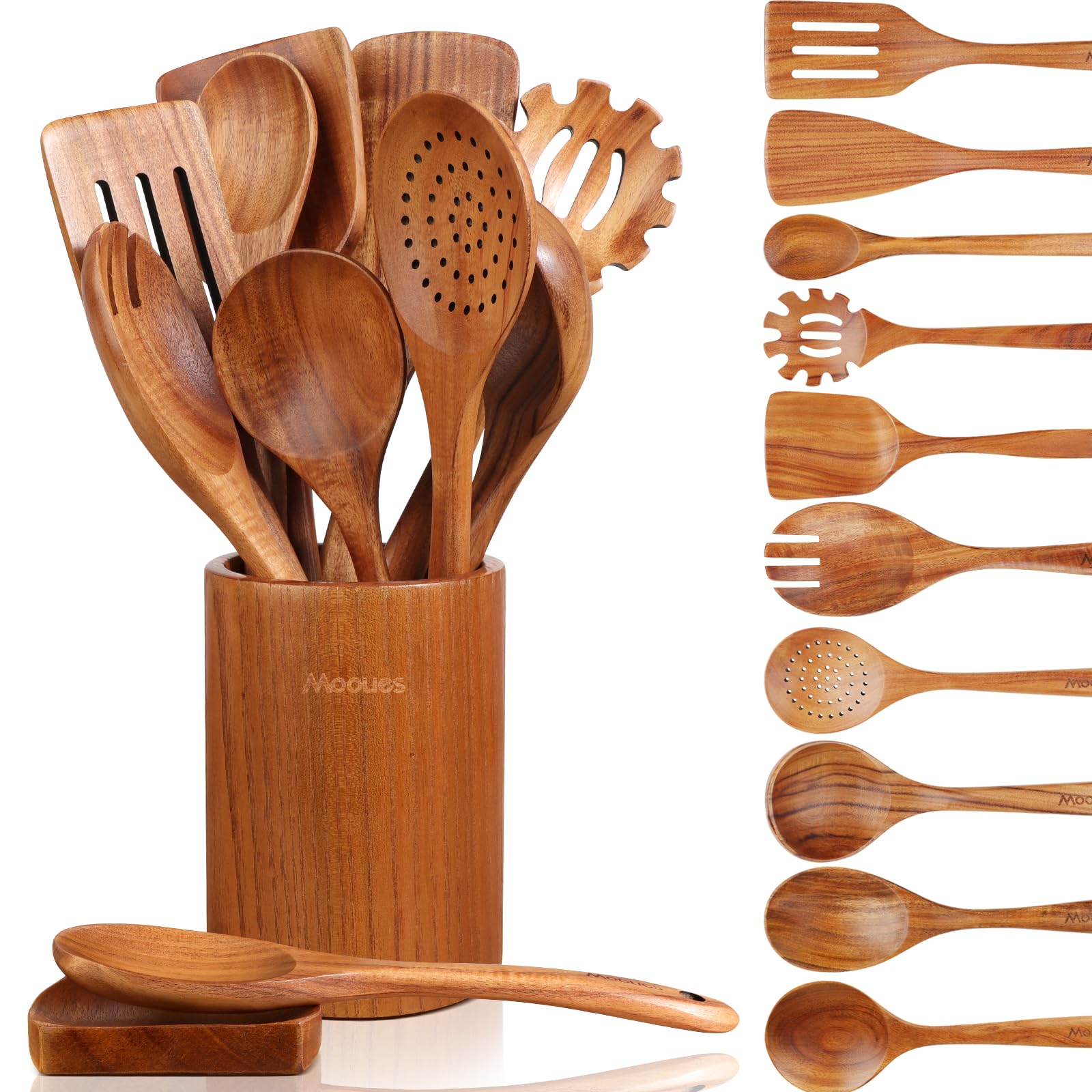 Mooues set de 12 cucharas de madera con portacucharas, práctico para cocinar y ordenar.