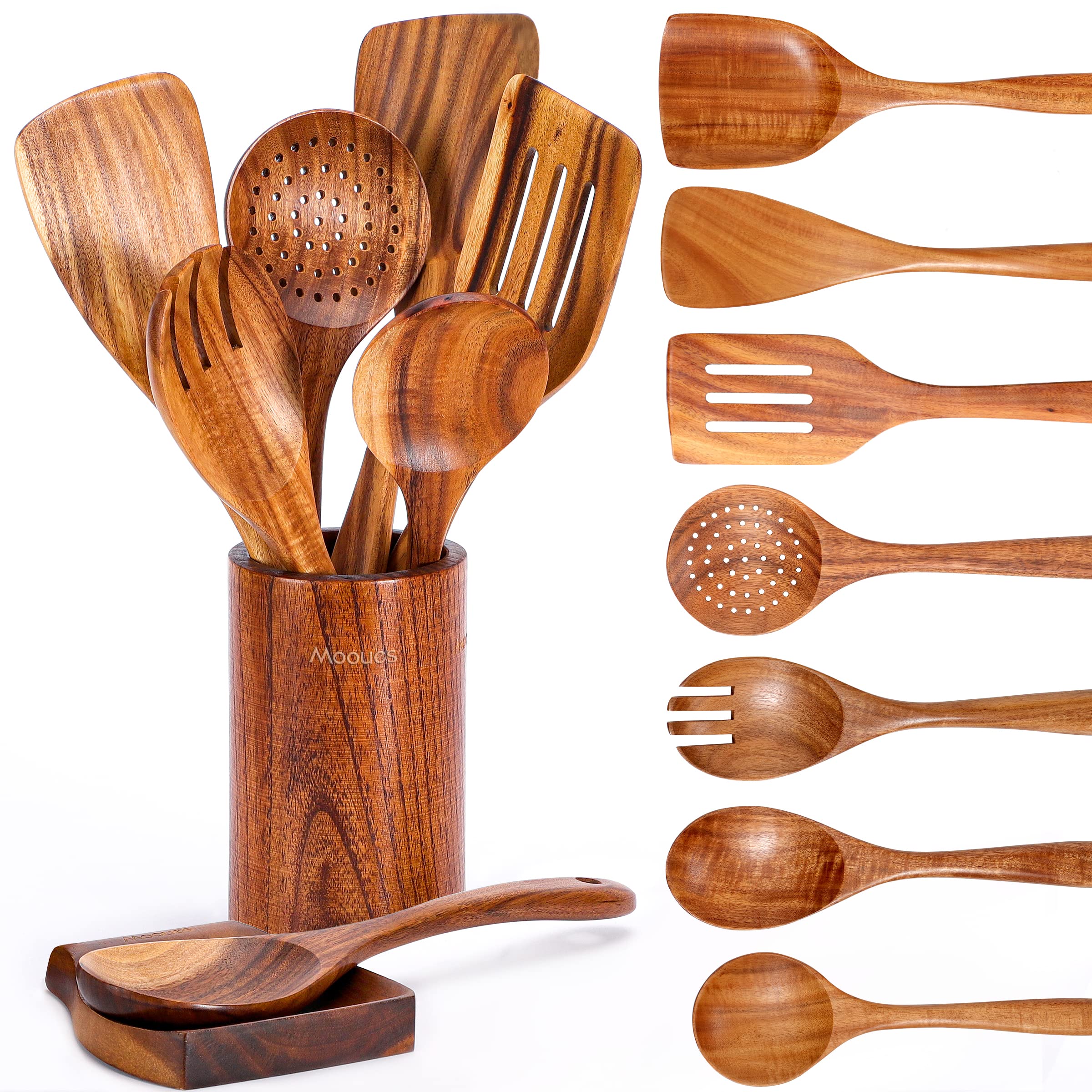 Mooues set de utensilios de teca natural, duradero y elegante, con soporte incluido.