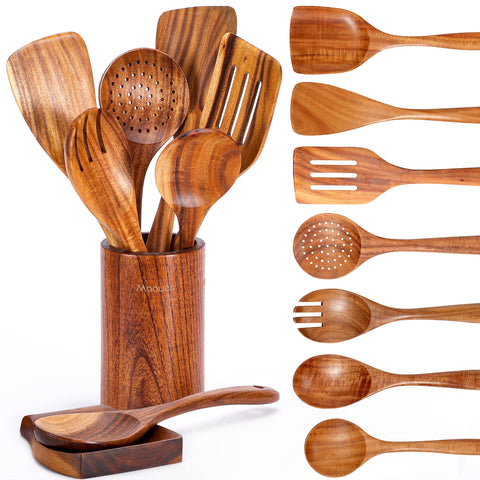Mooues set de utensilios de teca natural, duradero y elegante, con soporte incluido.