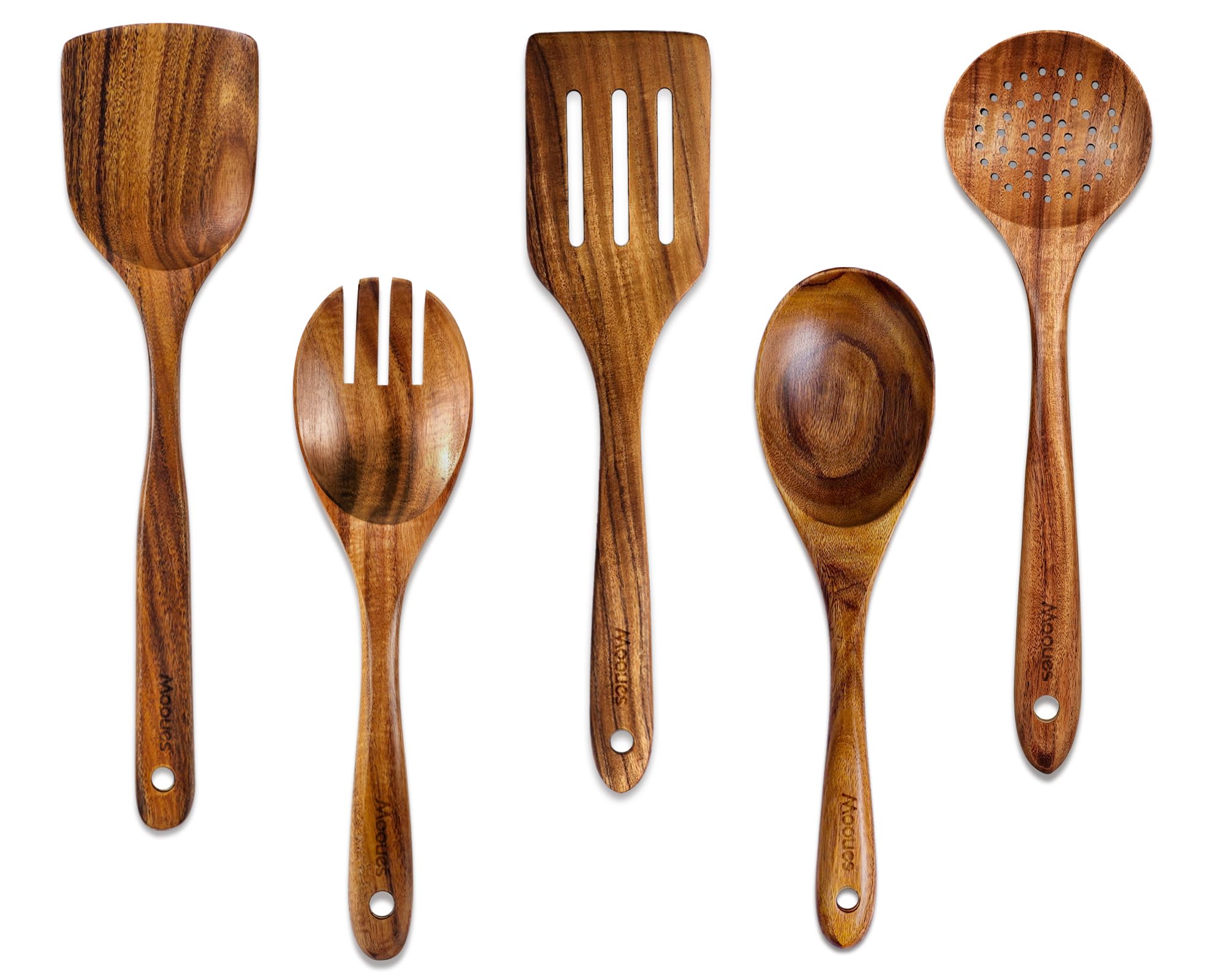 Mooues set de utensilios de madera teca de 5 piezas, ideal para cocina cómoda y duradera.
