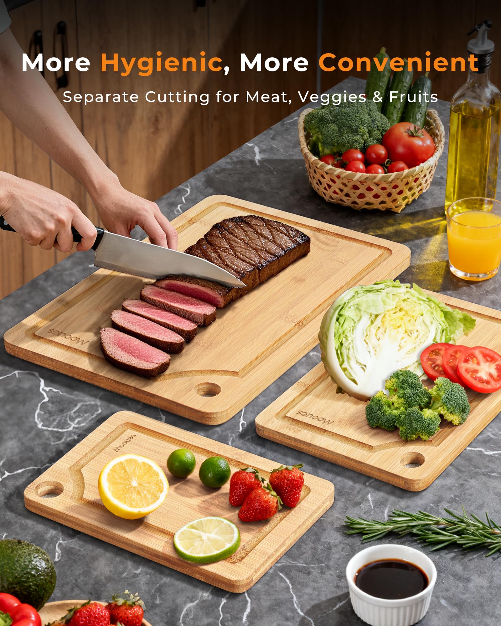 Mooues tabla grande de bambú, superficie estable para carnes y verduras.