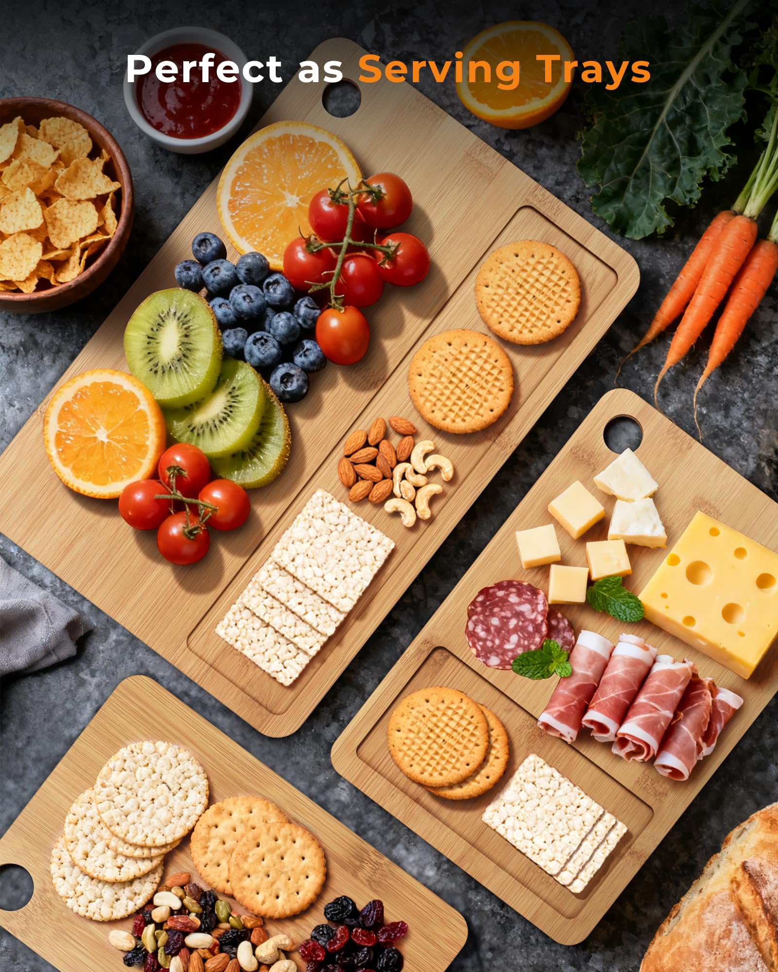 Mooues tabla mediana de bambú, perfecta para quesos y frutas.