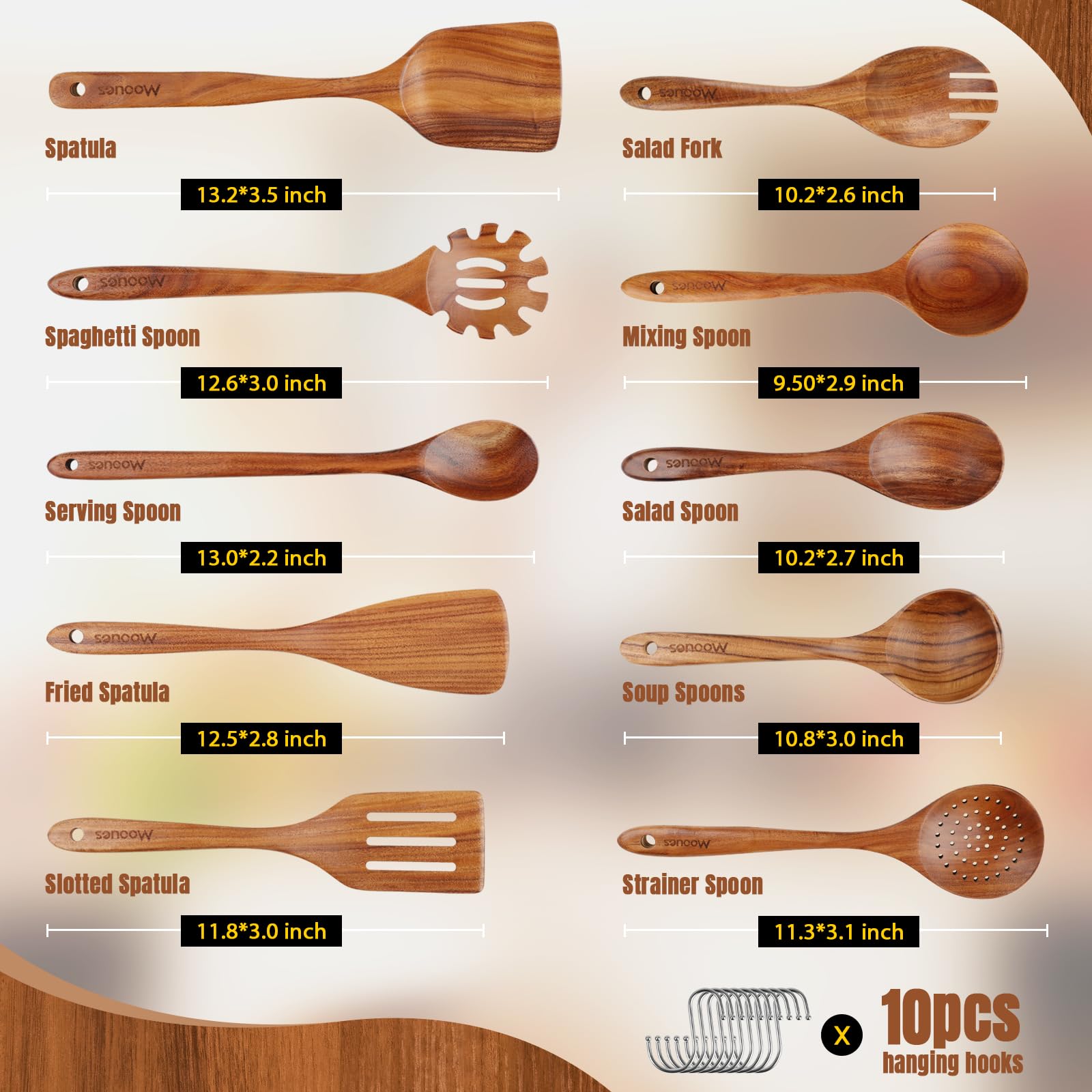 Mooues utensilios teca mango ergonómico, agarre cómodo en largas cocciones