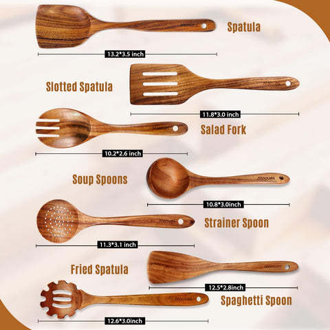 Mooues juegos de utensilios teca con agujero para colgar y secar.