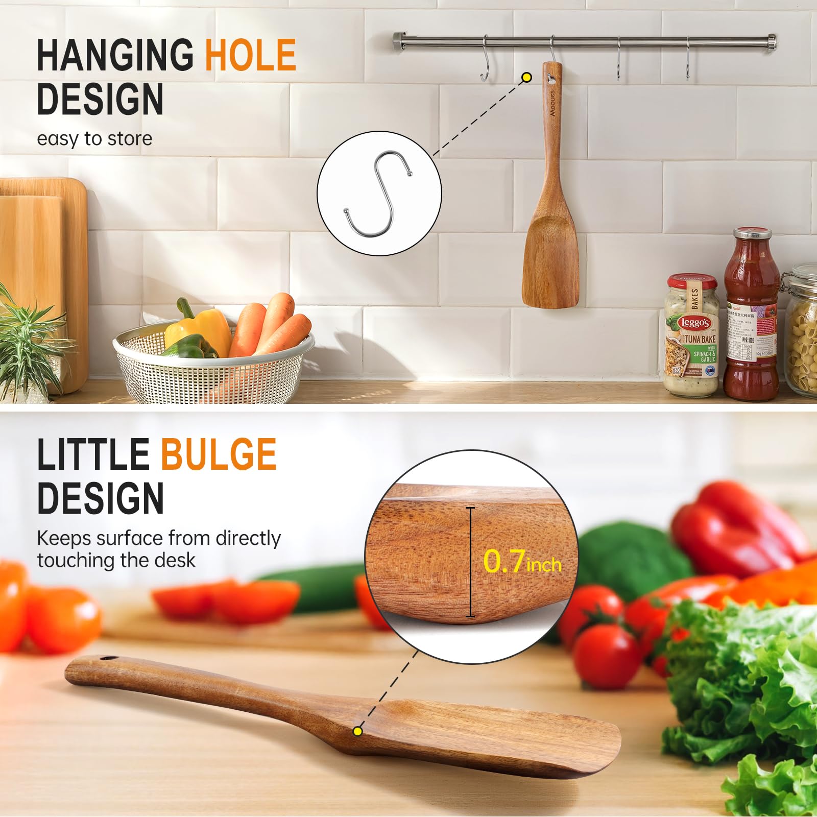 Mooues utensilios de teca premium para batir, mezclar y raspar sin rayar.