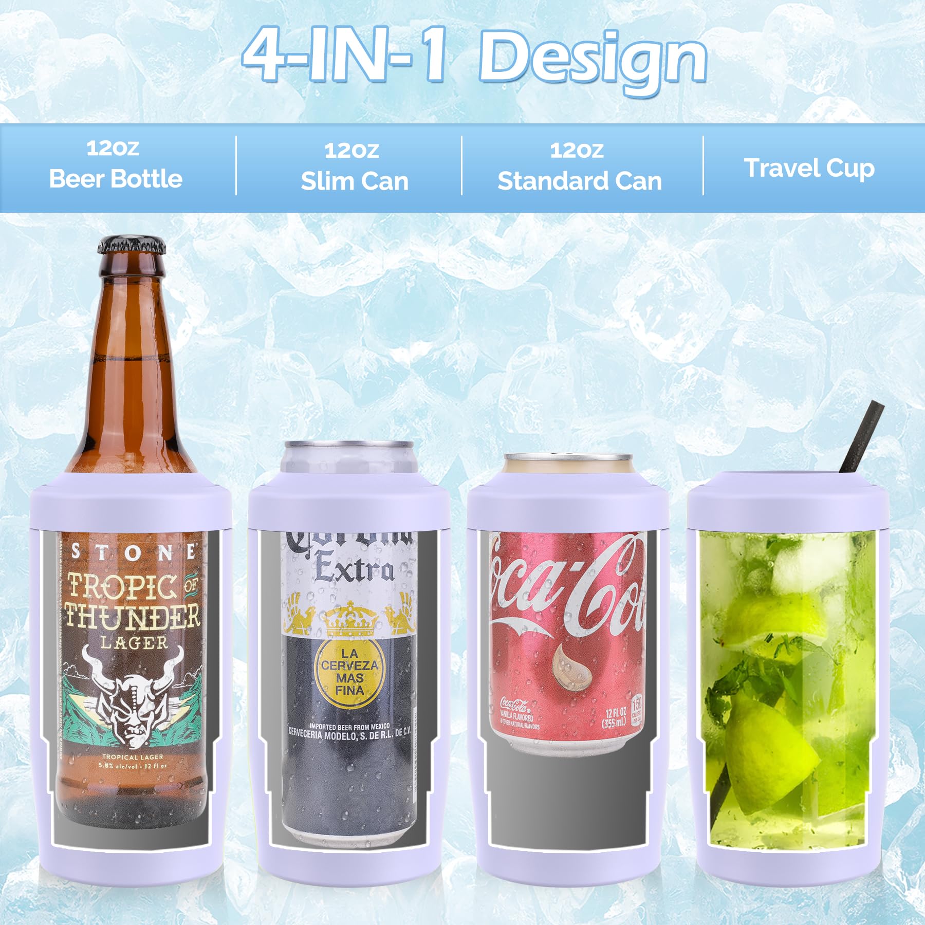 MoreFeel 4-en-1 cooler para lata 12oz, estilo fino lavanda polvoriento, ideal para fiestas.
