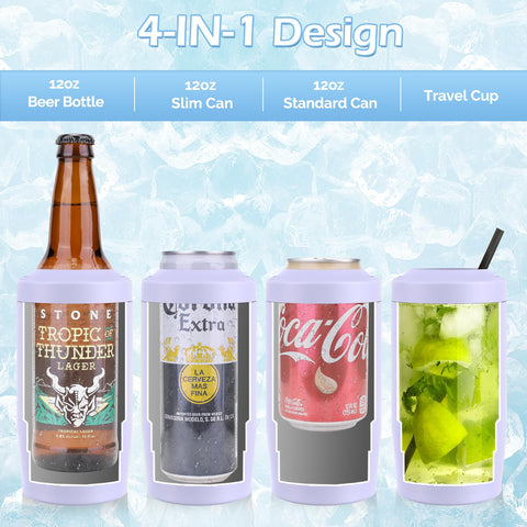 MoreFeel 4-en-1 cooler para lata 12oz, estilo fino lavanda polvoriento, ideal para fiestas.