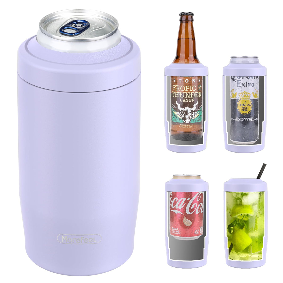 MoreFeel 4-en-1 cooler para lata 12oz lavanda polvoriento, mantiene la bebida fría.