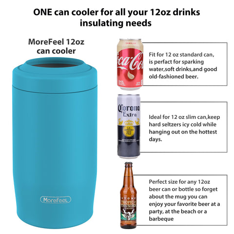 MoreFeel compatible con latas de 12 oz y botellas, uso versátil.