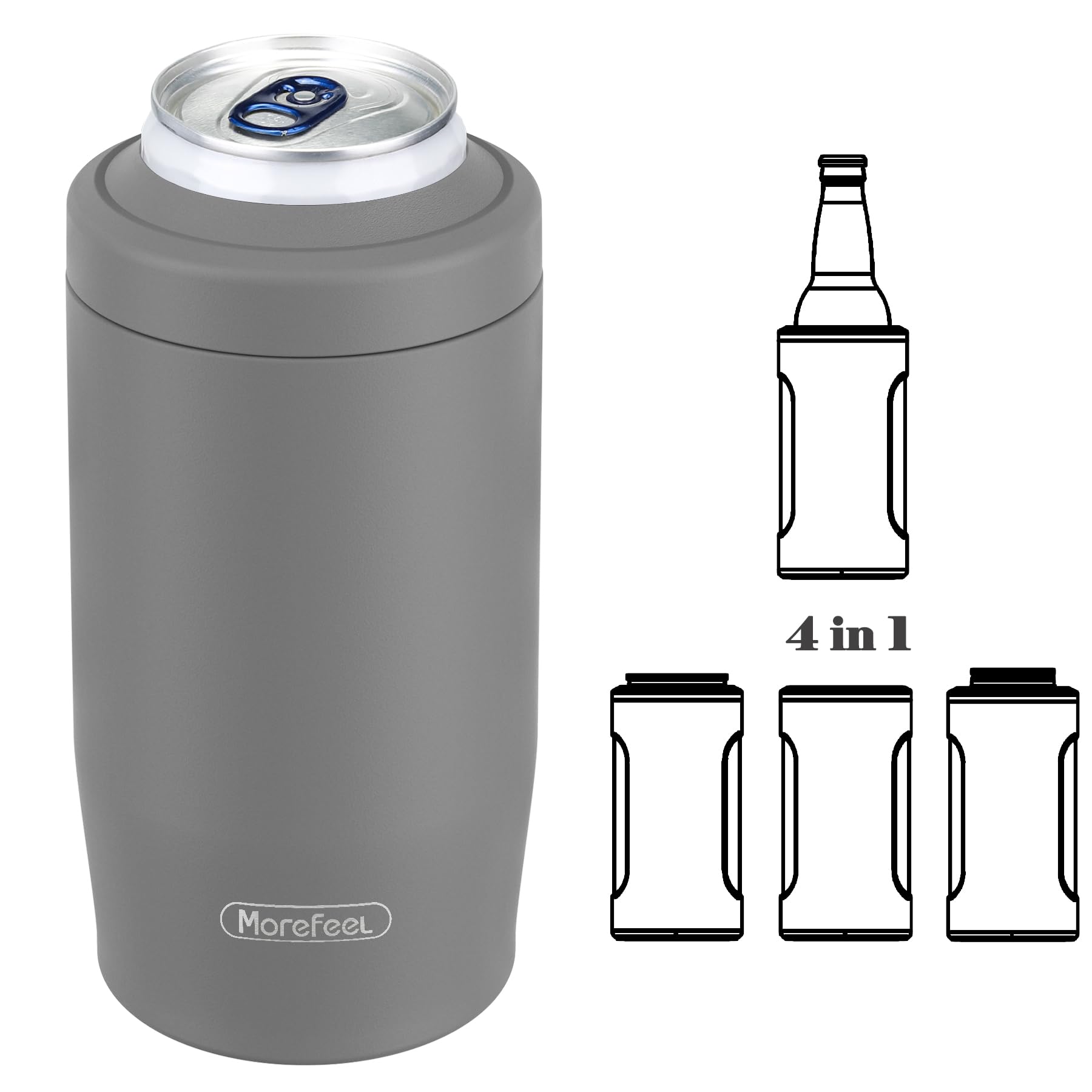 MoreFeel cuatro-en-uno enfriador para latas y botellas, conserva la bebida fría por más tiempo.