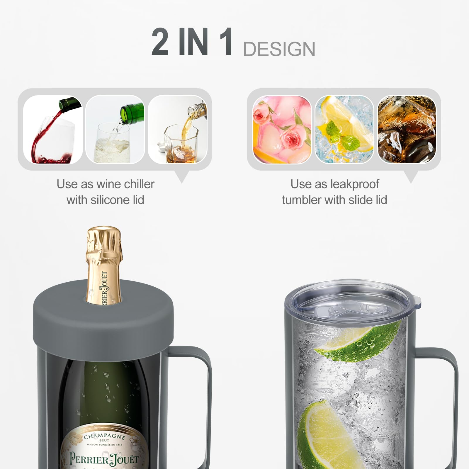 MoreFeel diseño 2-en-1 con asa, ideal para bebidas frías.