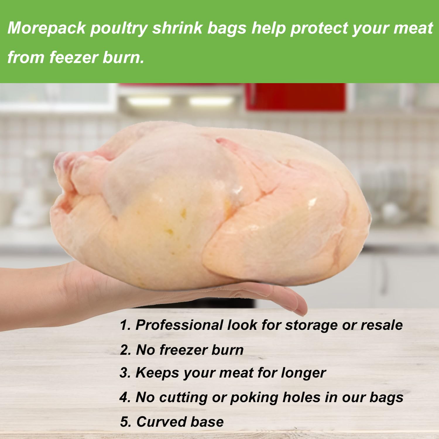 Morepack bolsas transparentes aptas para marinar y procesar aves pequeñas.