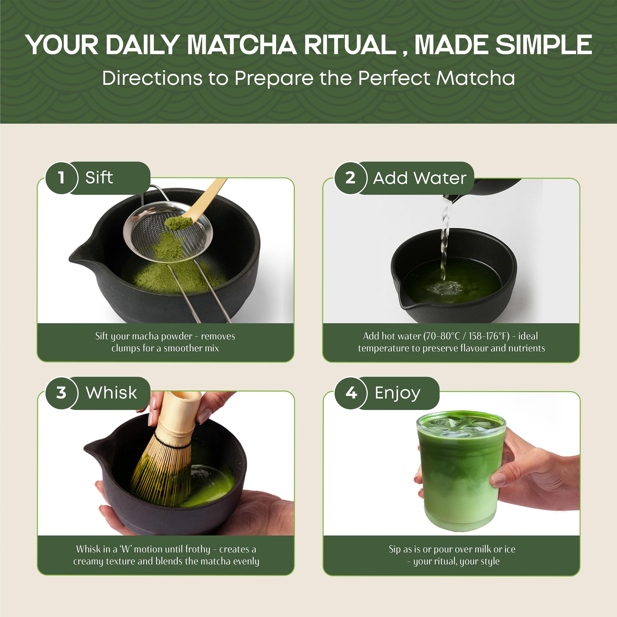 Morii Matcha escena de ritual tranquilo en el hogar.