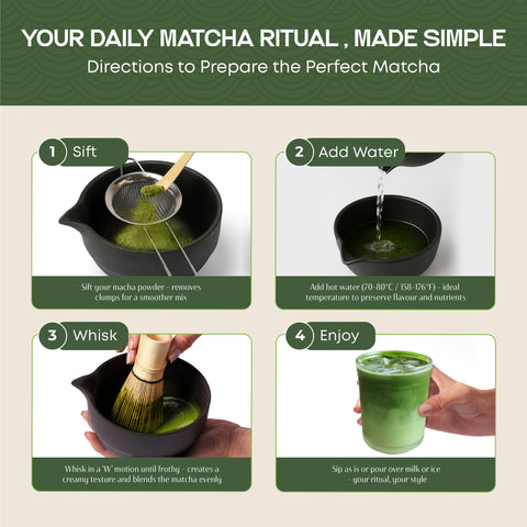 Morii Matcha escena de ritual tranquilo en el hogar.