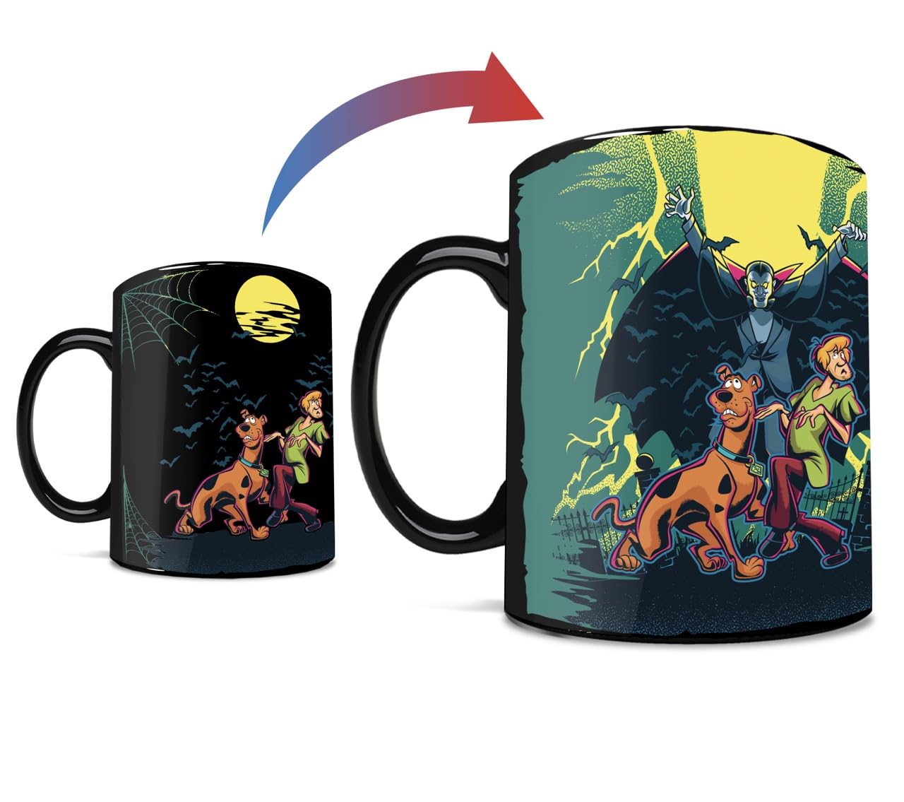 Morphing Mugs Scooby-Doo, noche oscura con Scooby y Shaggy; ideal para ritual de café nocturno.