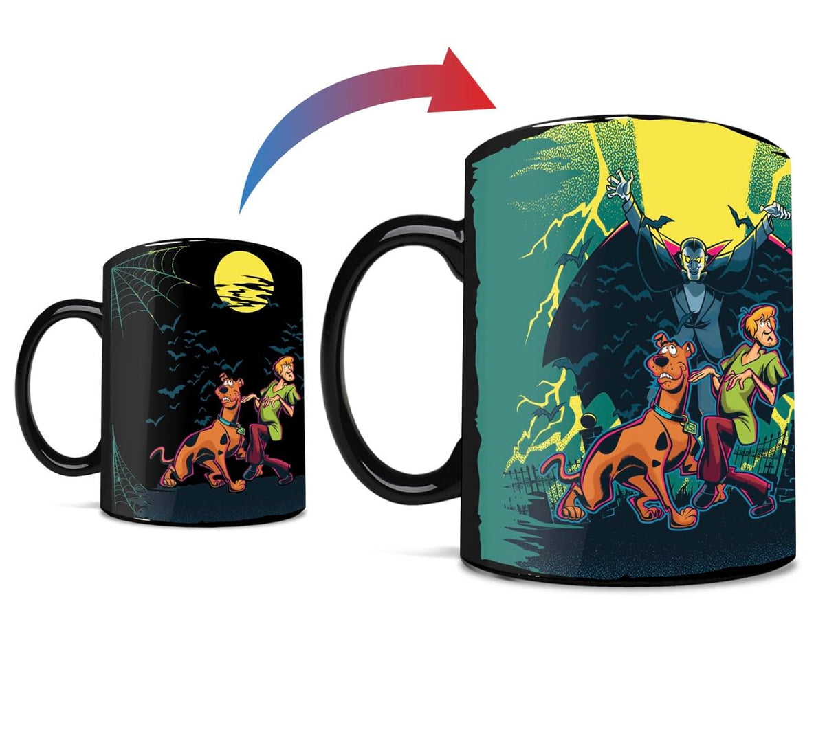 Morphing Mugs Scooby-Doo, noche oscura con Scooby y Shaggy; ideal para ritual de café nocturno.