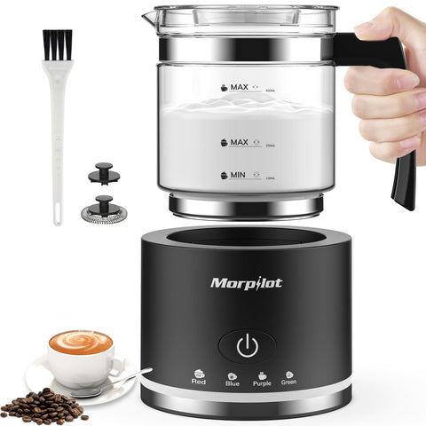 Morpilot espumador-leche eléctrico con jarra de vidrio y marcas para medir porciones.