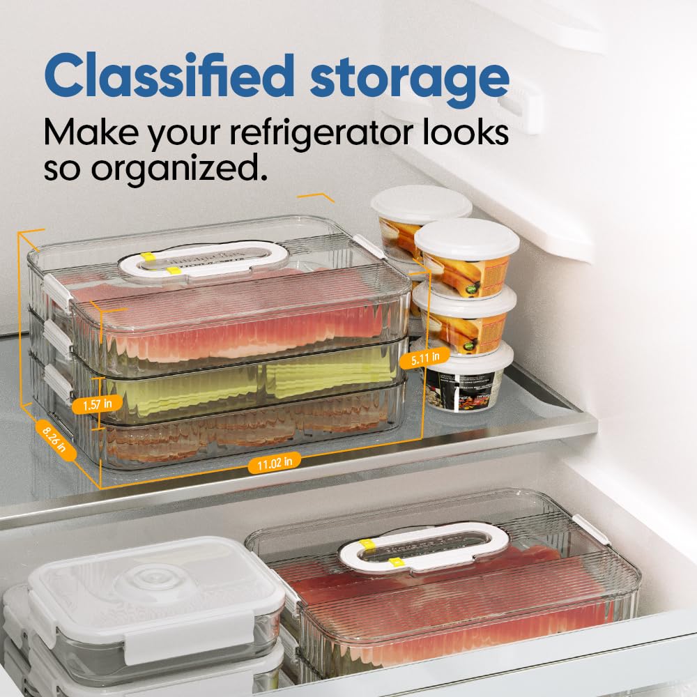 Organizador de tres niveles para carnes y quesos con borde transparente.