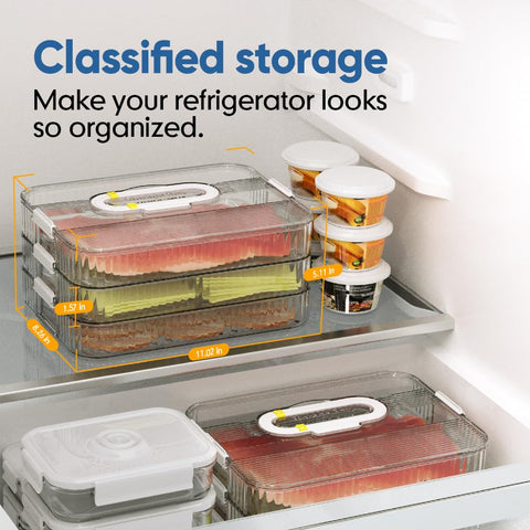 Organizador de tres niveles para carnes y quesos con borde transparente.