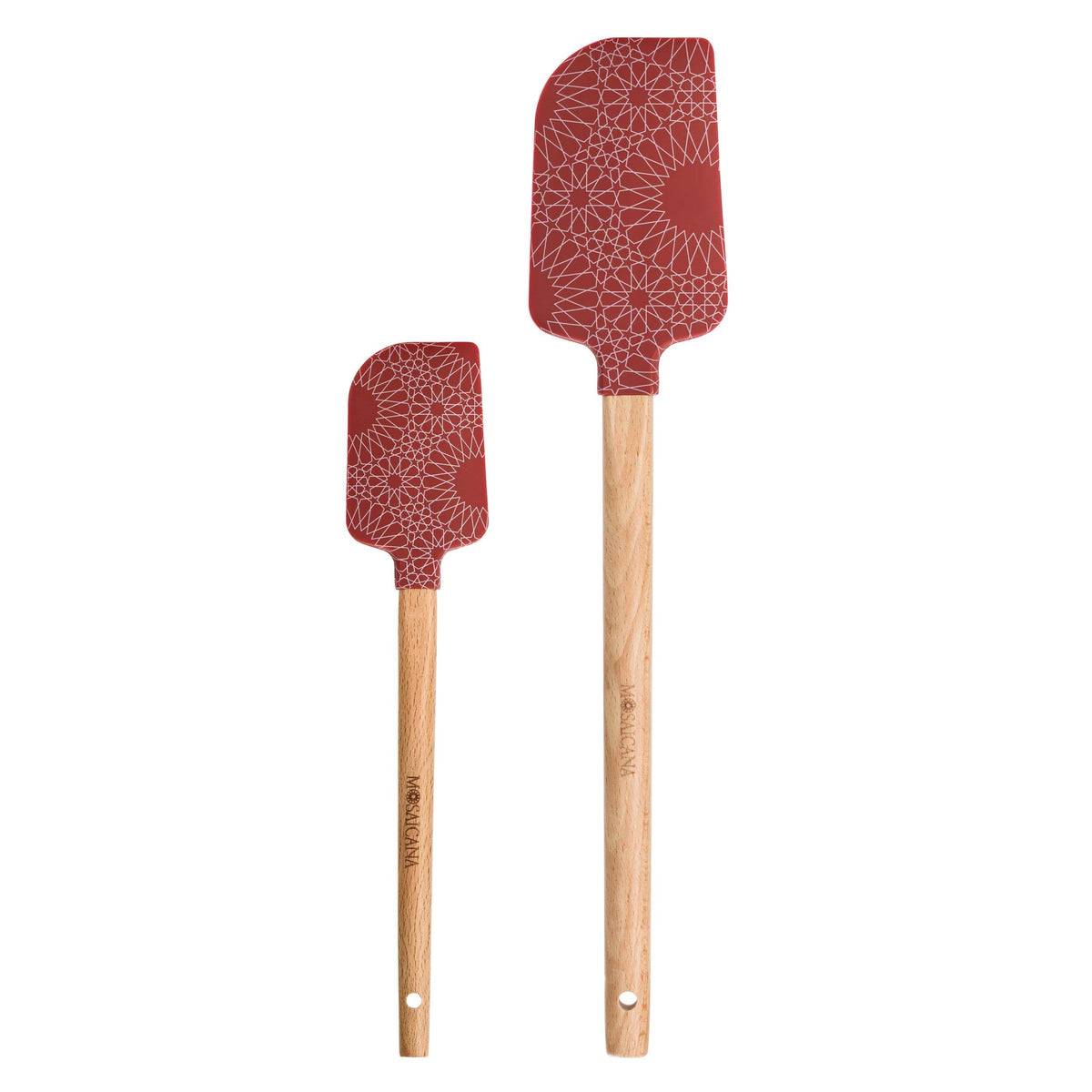 MOSAICANA espátula de silicona con mango de madera rojo, diseño patrón, ideal para voltear alimentos.