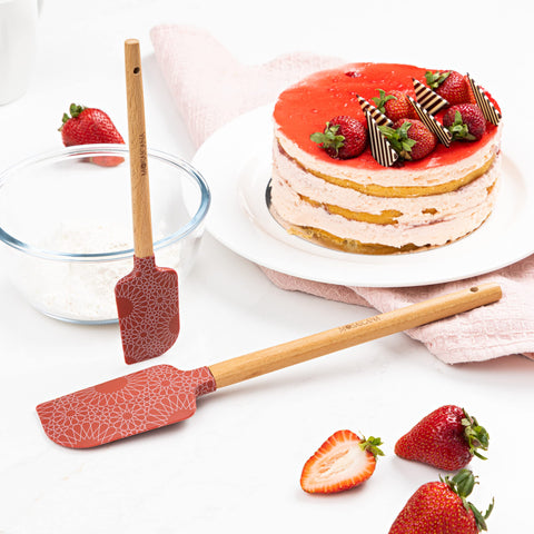 MOSAICANA espátula doble, mango de madera, diseño rojo, ideal para cocinar sin rayar sartenes.