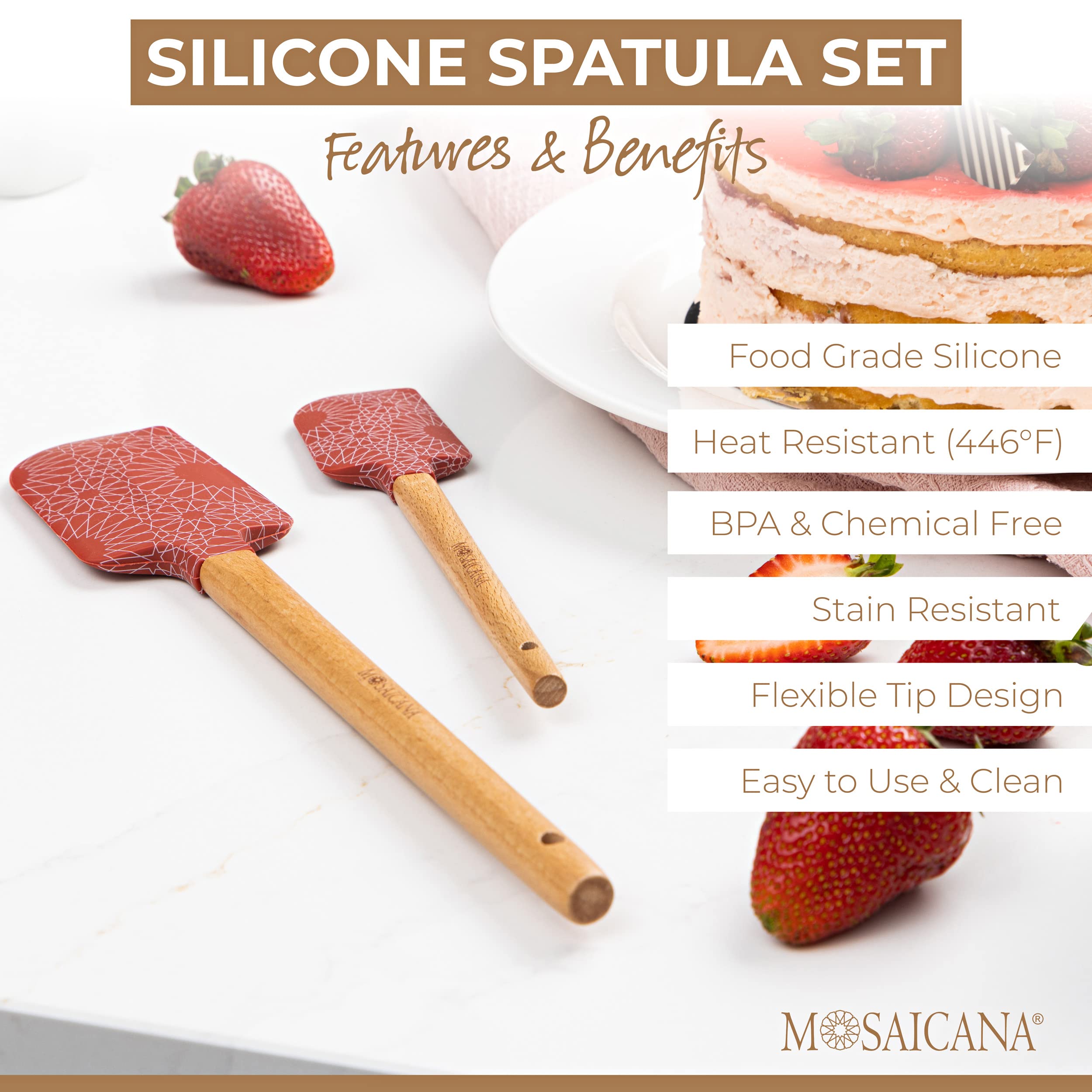 MOSAICANA espátula para sartén sin rayar, mango de madera, rojo.