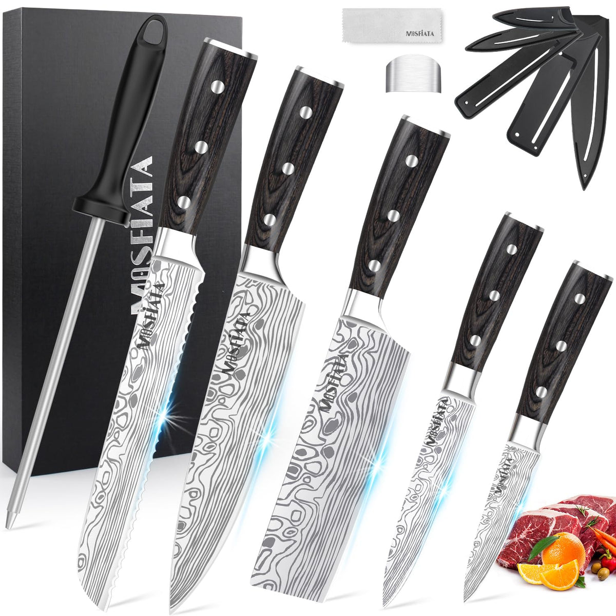 Conjunto MOSFiATA de 5 cuchillos para chef, enfoque en versatilidad en la cocina diaria