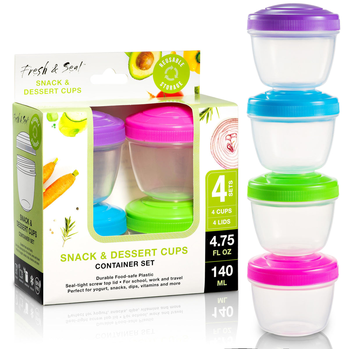 MosJos conjunto de 4 vasos con tapas, ideales para meriendas y tentempiés.