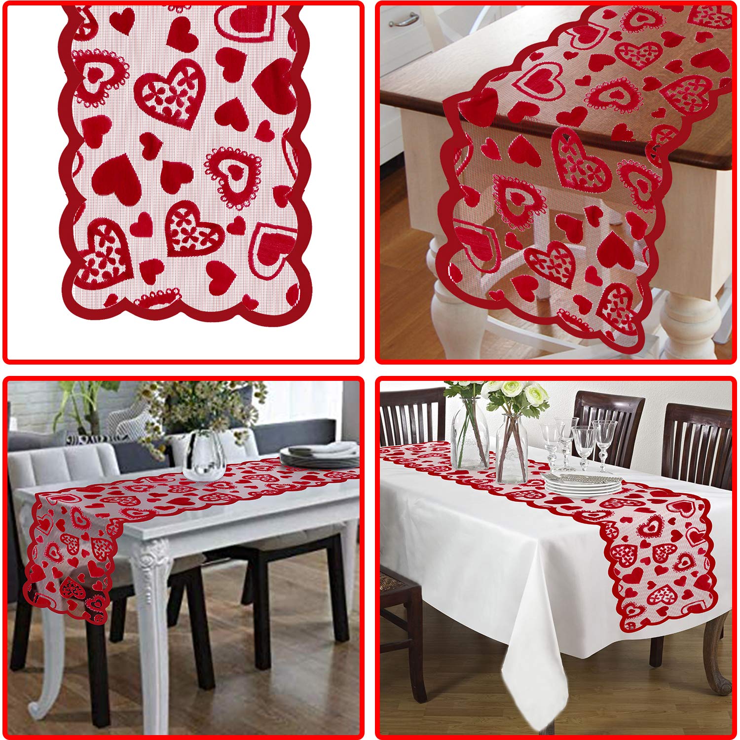 Mosoan corredor de mesa encaje rojo con corazones, aumenta la atmósfera en eventos.