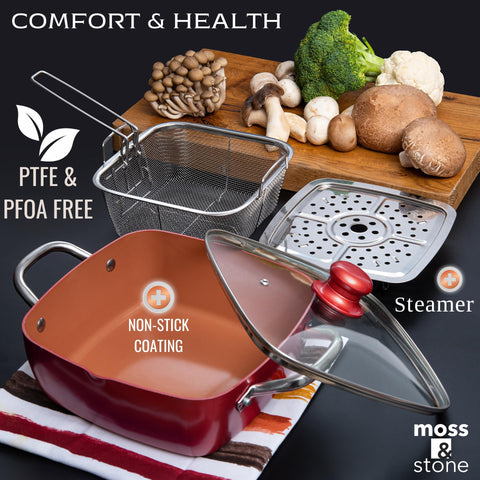 Conjunto Moss & Stone apto para inducción, compatible con cocinas modernas.
