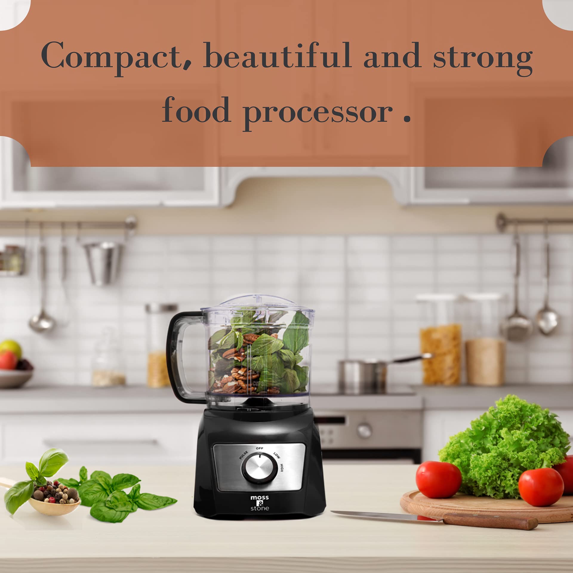 Moss & Stone mini-procesador, capacidad de 3 tazas, ideal para preparaciones diarias.