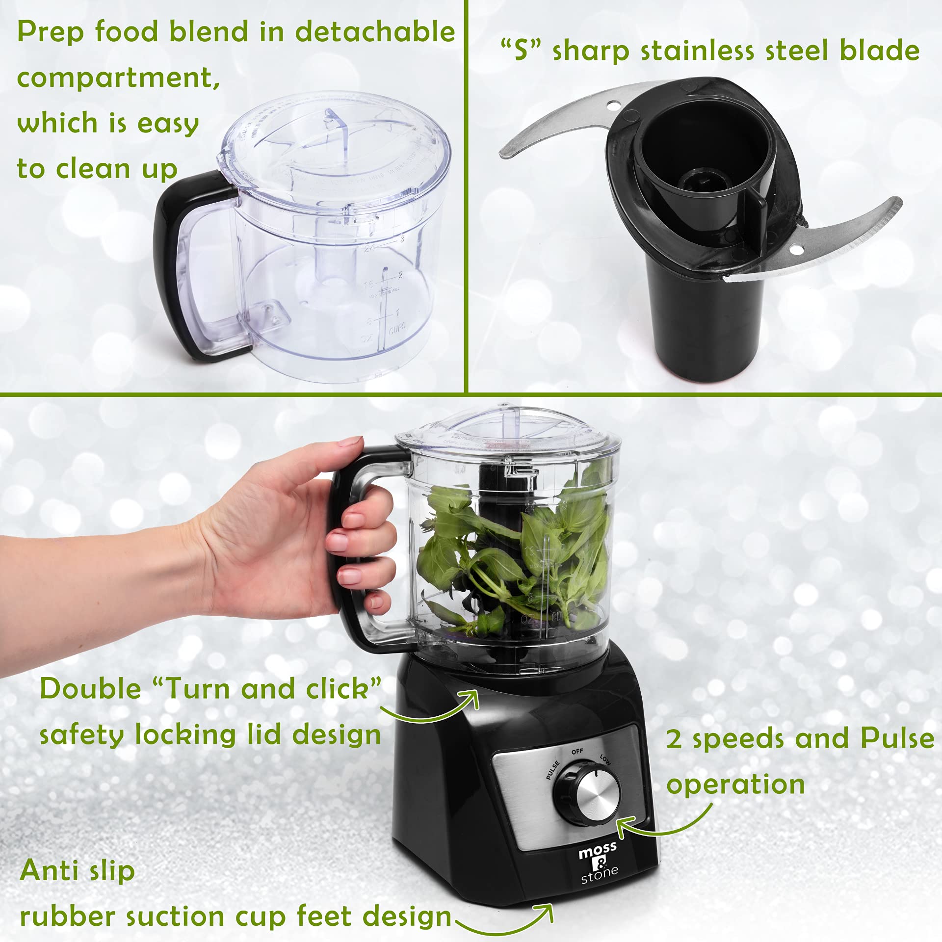 Moss & Stone mini-procesador, cuchilla de acero inoxidable, facilita triturar quesos y hierbas.