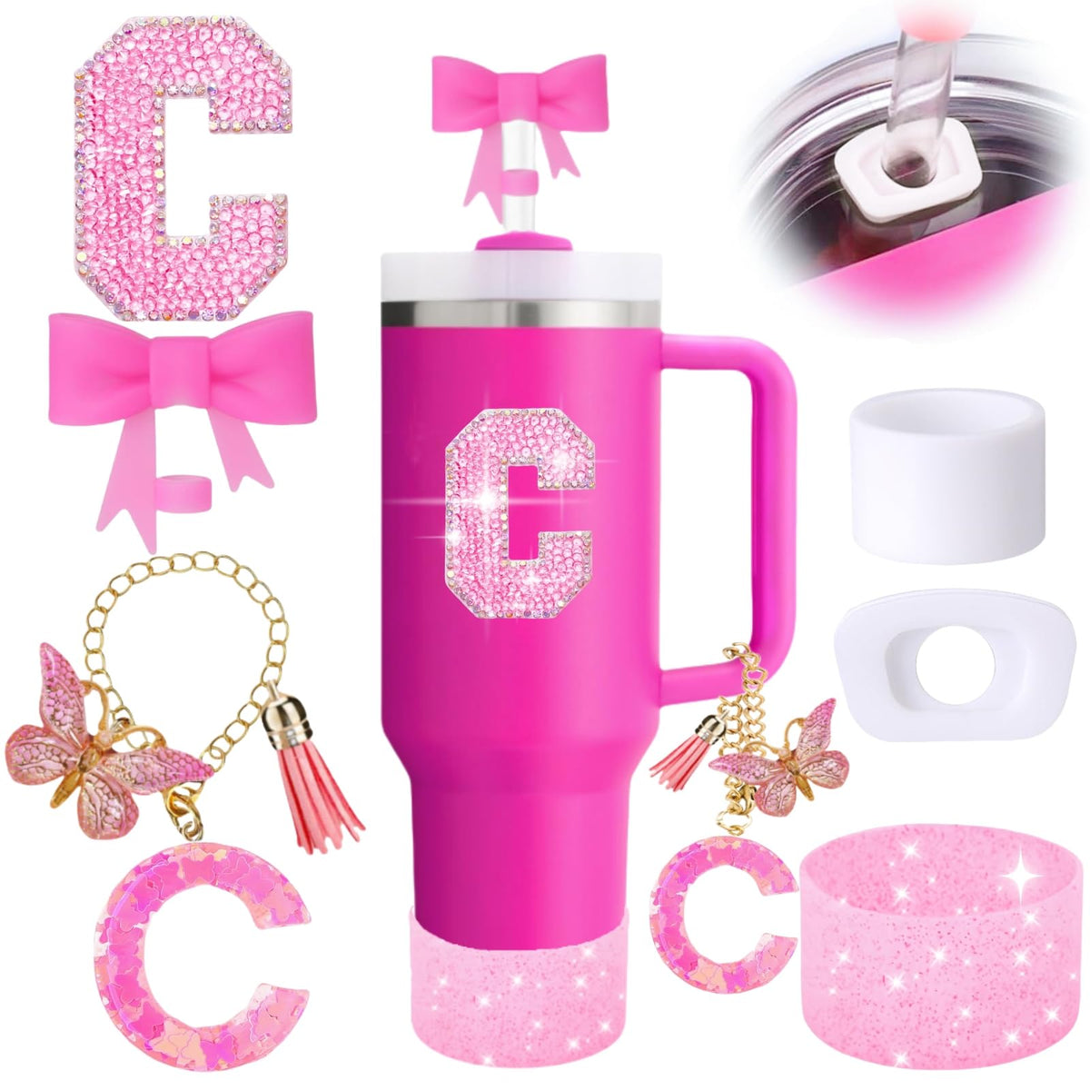 Accesorios MOTEERLLU para Stanley en rosa con tapa lazo, añade estilo y personalización.