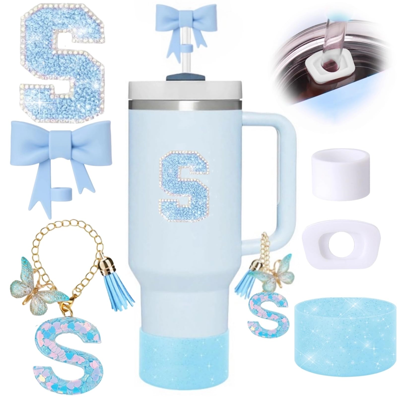 Accesorio MOTEERLLU topper pajilla con lazo azul para personalizar y distinguir tu Stanley Cup