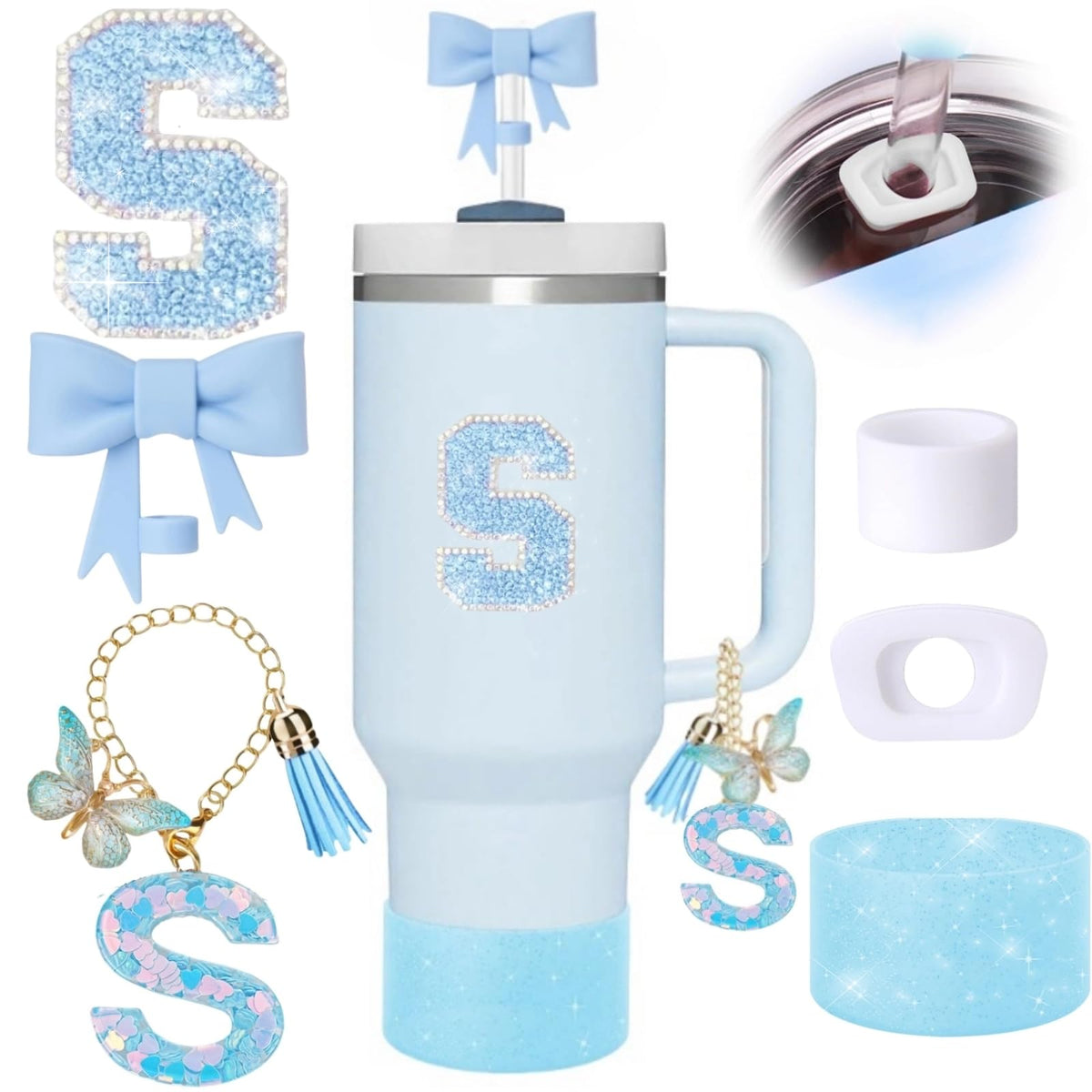 Accesorio MOTEERLLU topper pajilla con lazo azul para personalizar y distinguir tu Stanley Cup
