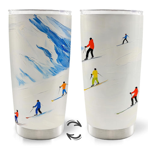 Tumbler MOTERMATE 20oz con patentes de esquí, ideal para bebidas calientes o frías en viajes.