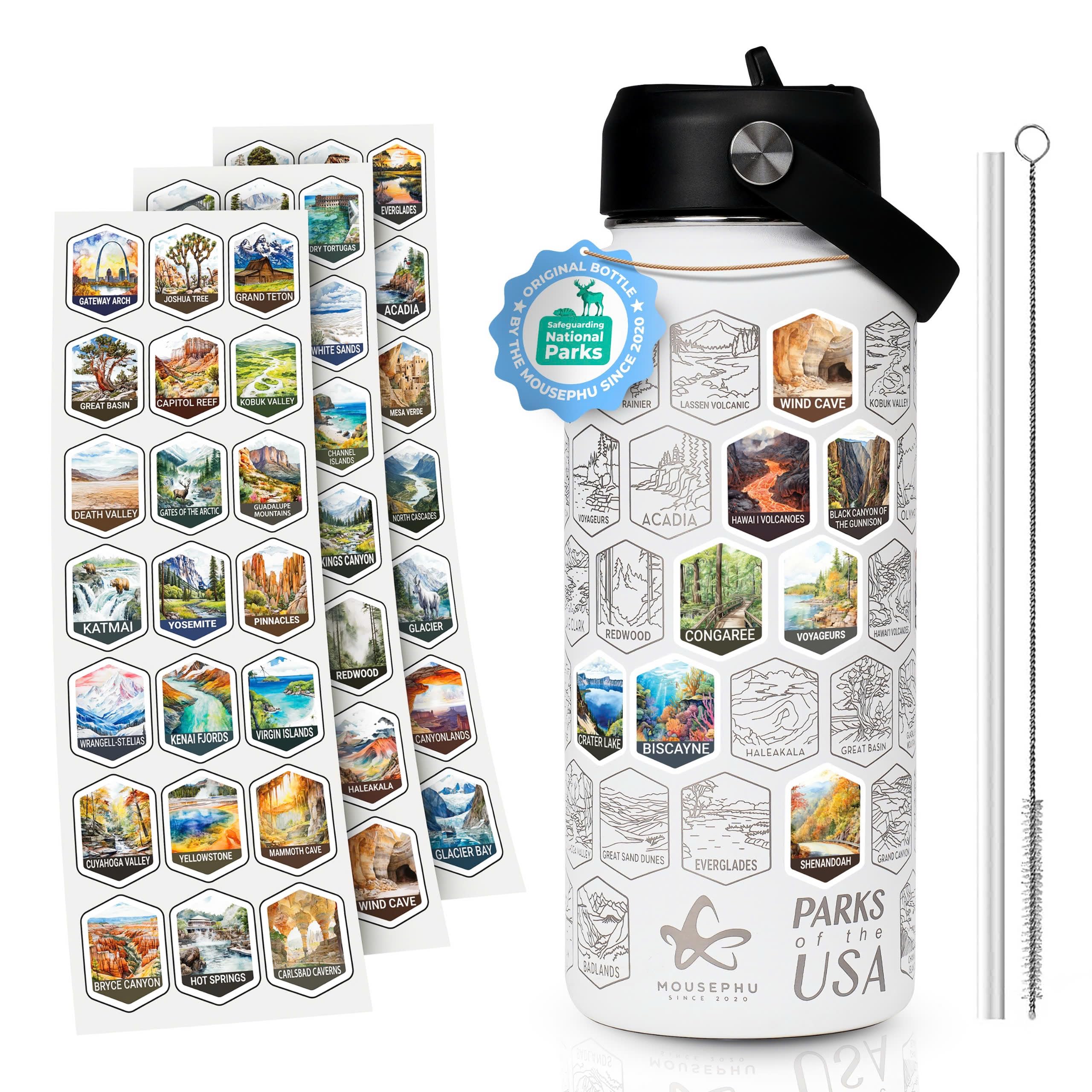 Botella Mousephu Parques Nacionales 32oz frontal con grabado láser para aventuras.