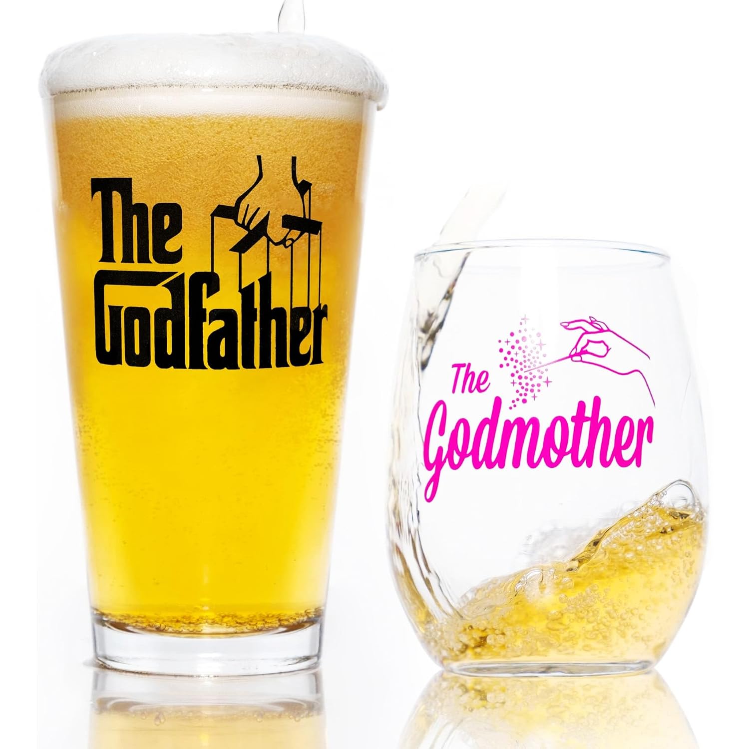 Movies On Glass, conjunto Godfather Godmother, pint frontal con logotipos icónicos.