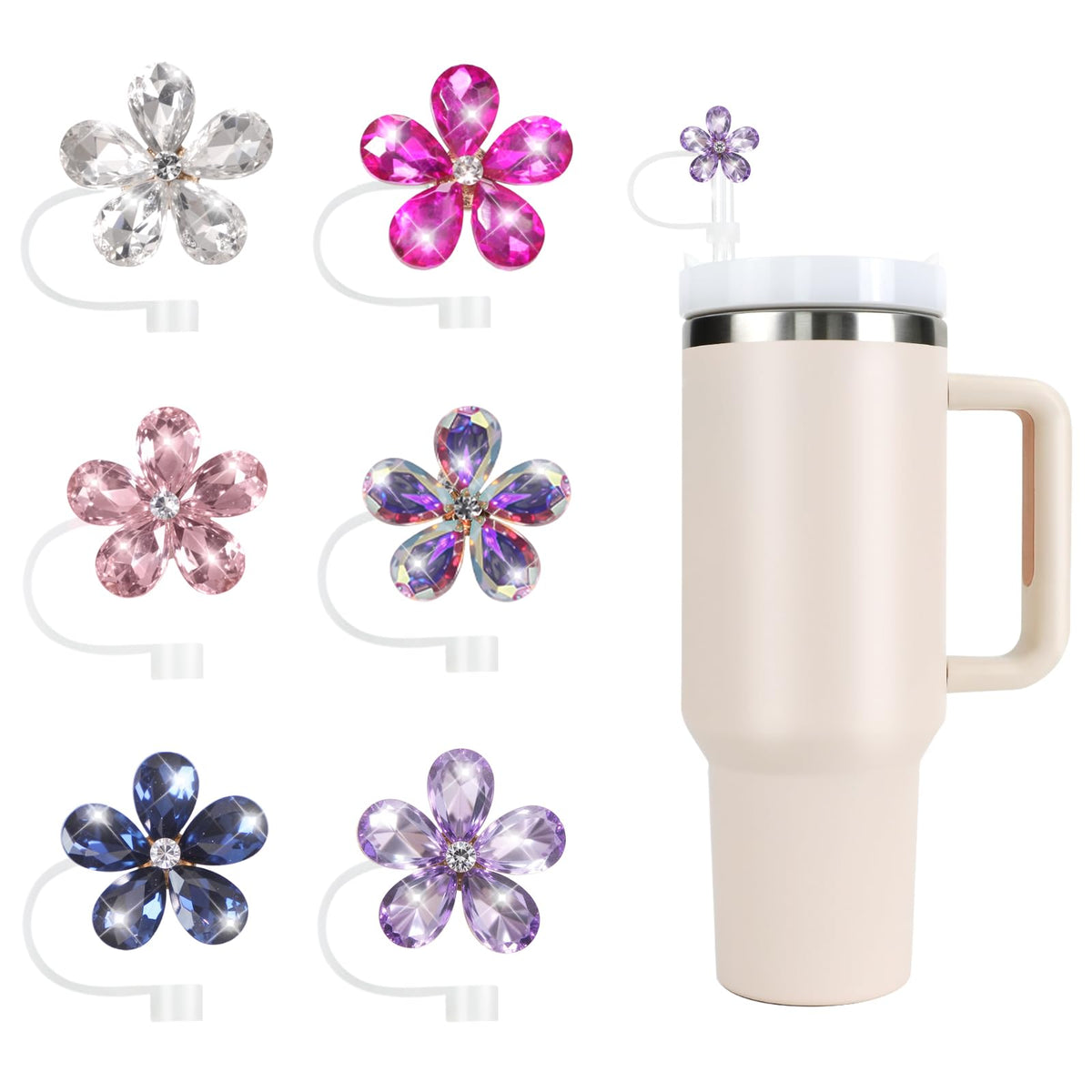 Movolivi tapa decorativa para pajilla Stanley con brillo floral, ideal para personalizar tu vaso.